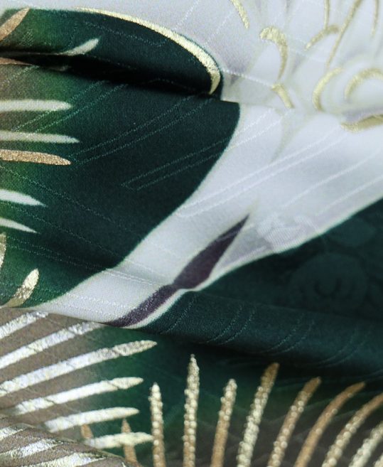 成人式振袖[王道古典柄]深緑に鶴、金の松と梅[身長168cmまで]No.1047